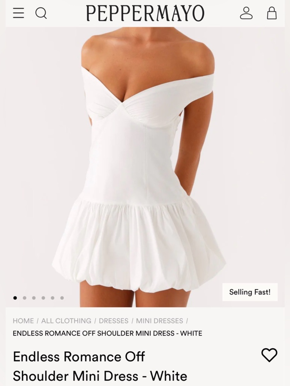 Peppermayo endless romance White Off-Shoulder Mini Dress NWT